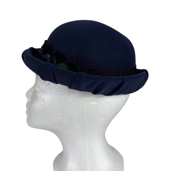 Wool Bowler Hat Navy With Black Lace Green Sequin Trim Elegant Classic Style main image 8